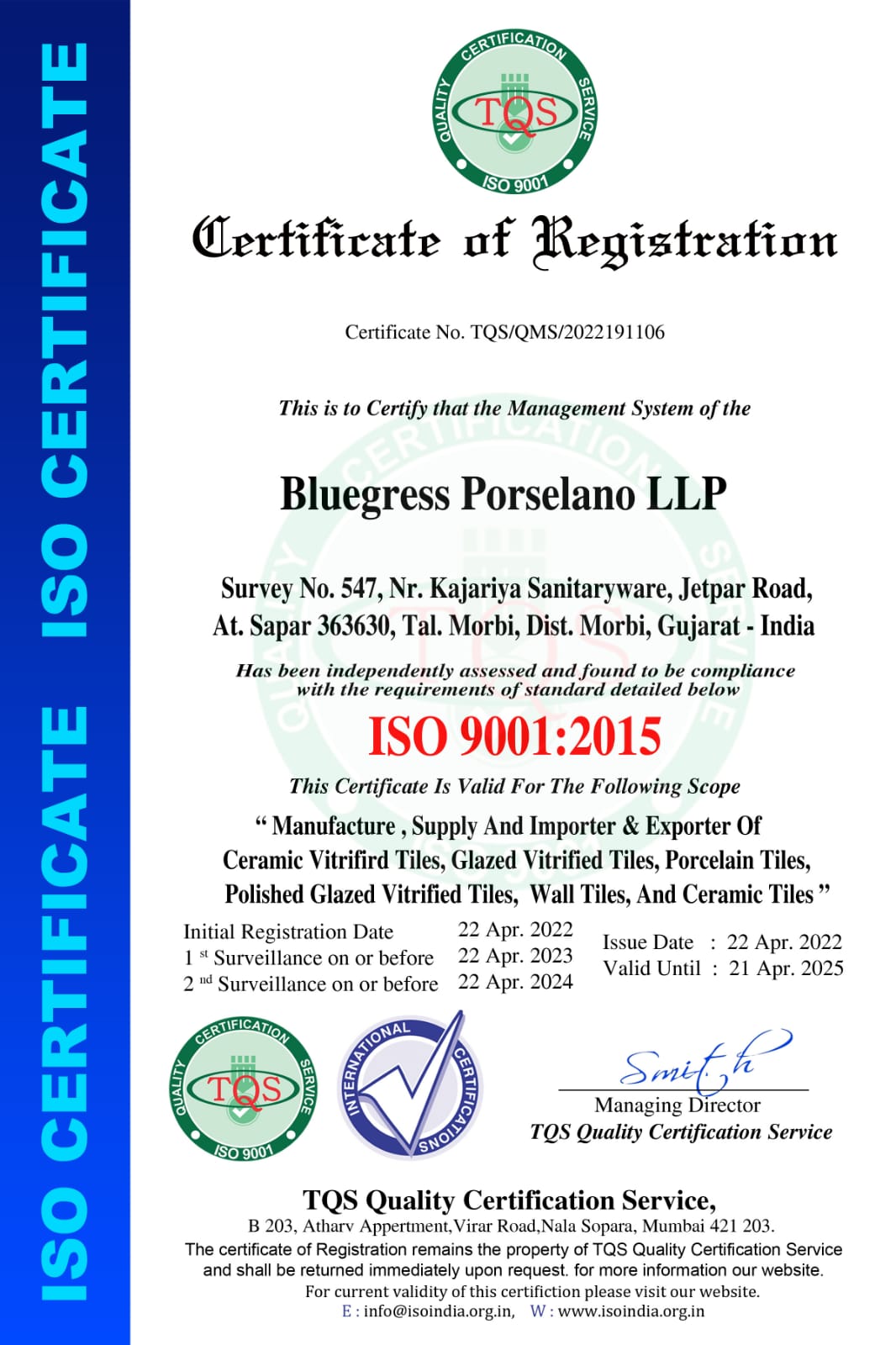 Bluegress Porcelano LLP ISO 9001 : 2015